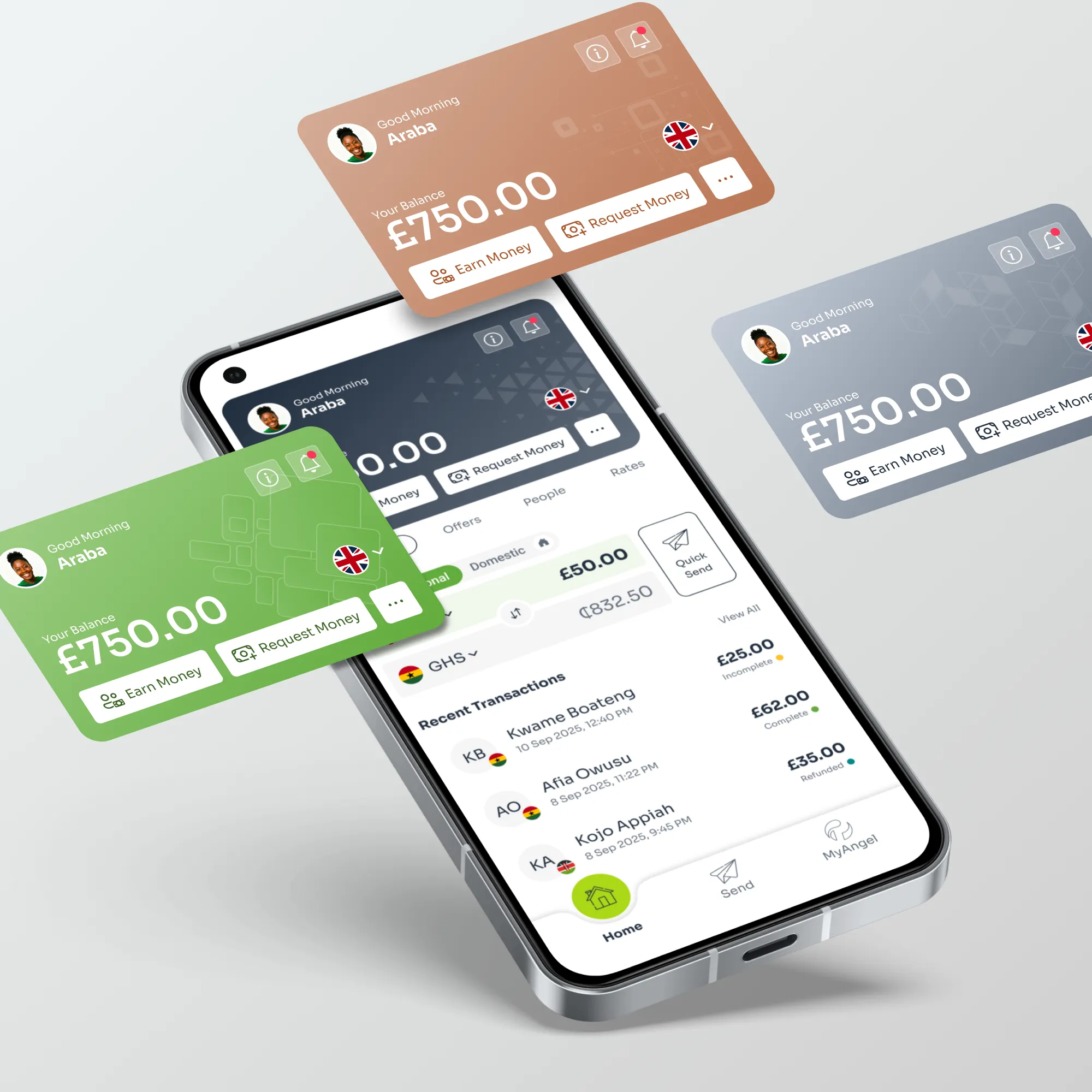 PayAngel App Dashboard UI mobile phone mockup